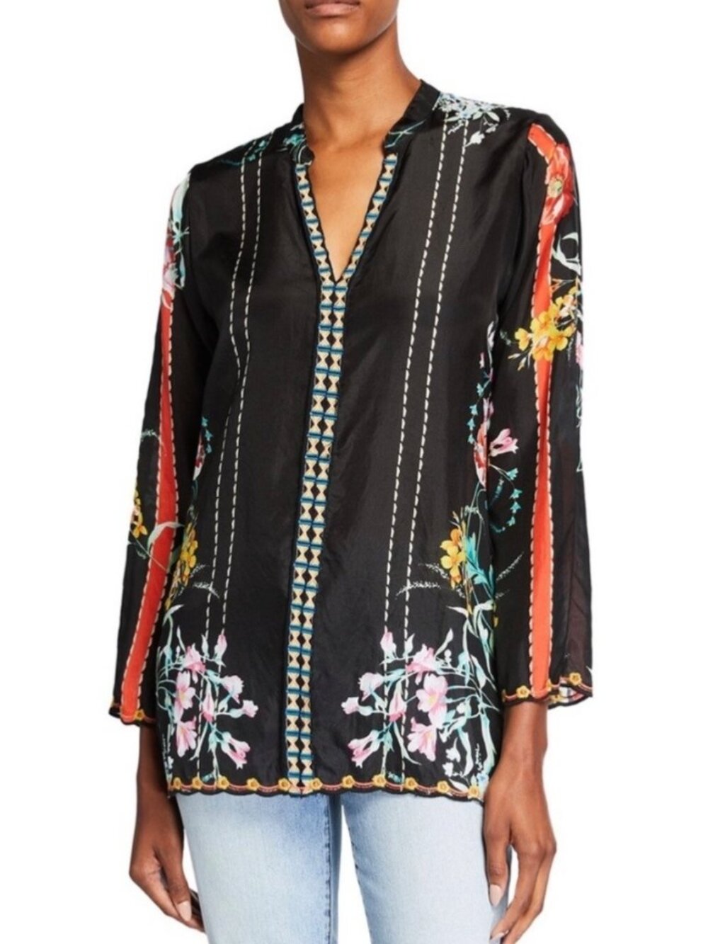 Johnny Was Eulia Black Floral Embroidered Tunic Top Size Small Boho Silk Popover